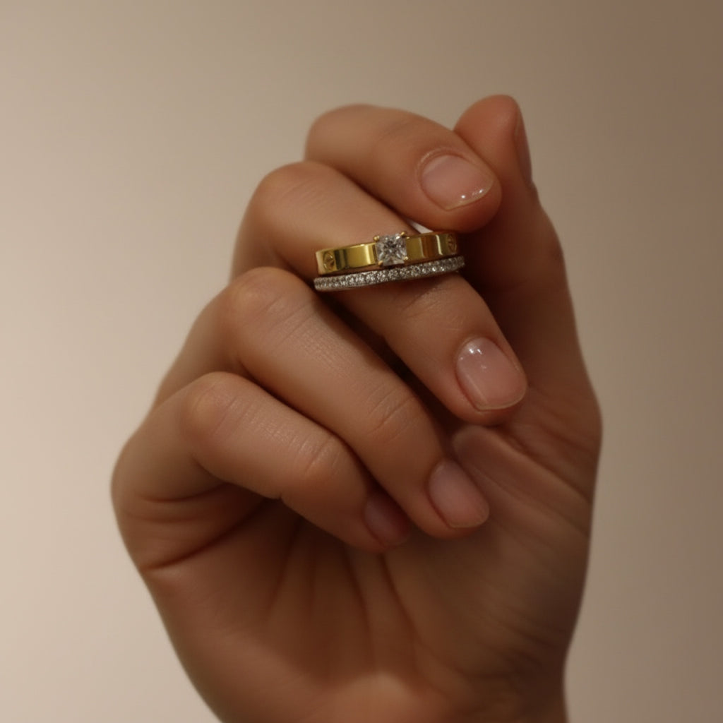 Royal Solitaire Duo Ring – Elegant Gold Double Stone Ring for Women