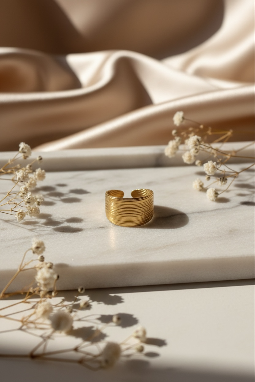 Ribbed Gold Cuff Ring – Elegant Gold Ring for Women