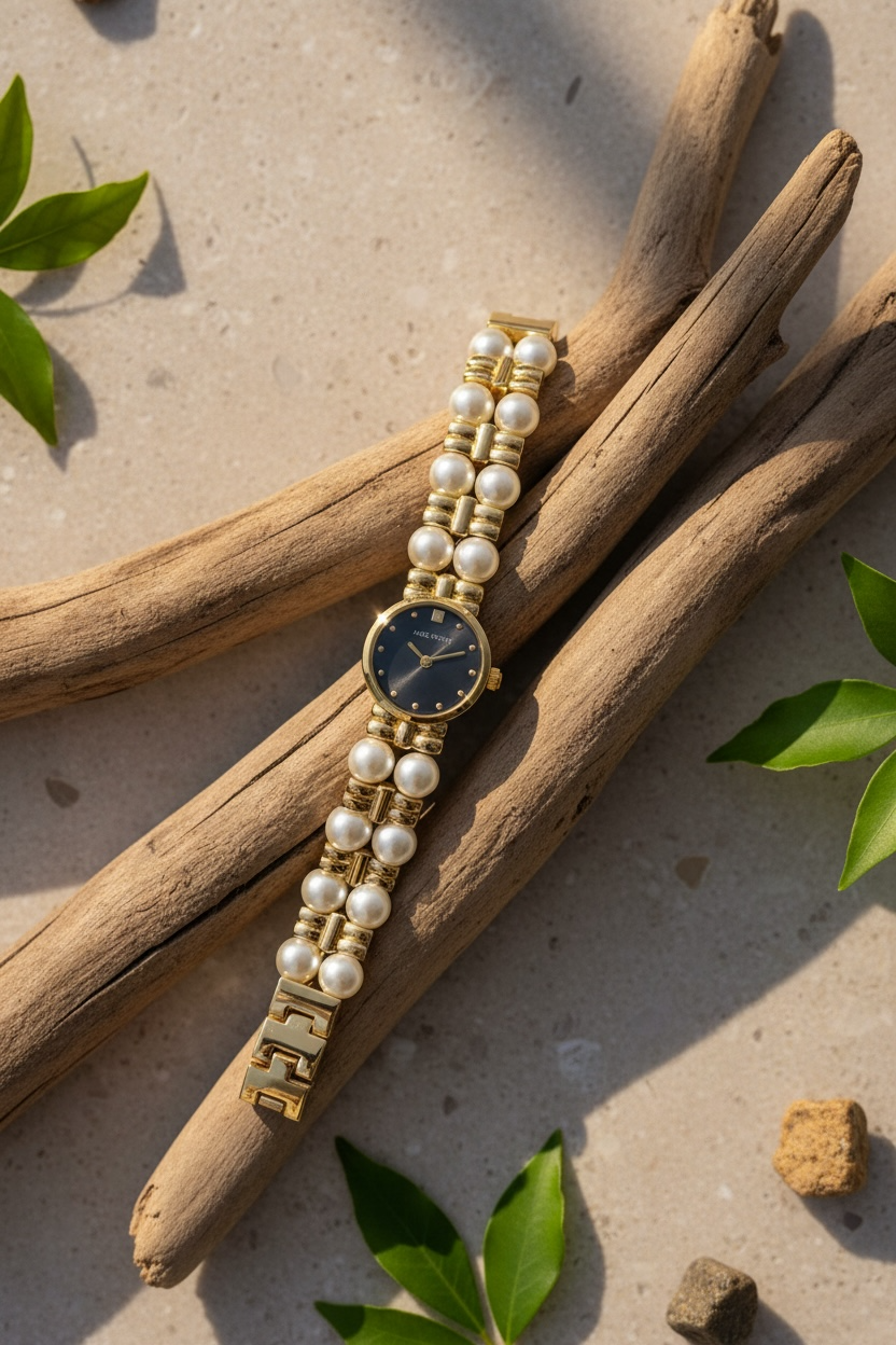 Midnight Pearl Watch – Elegant Black Gold Watch for Women