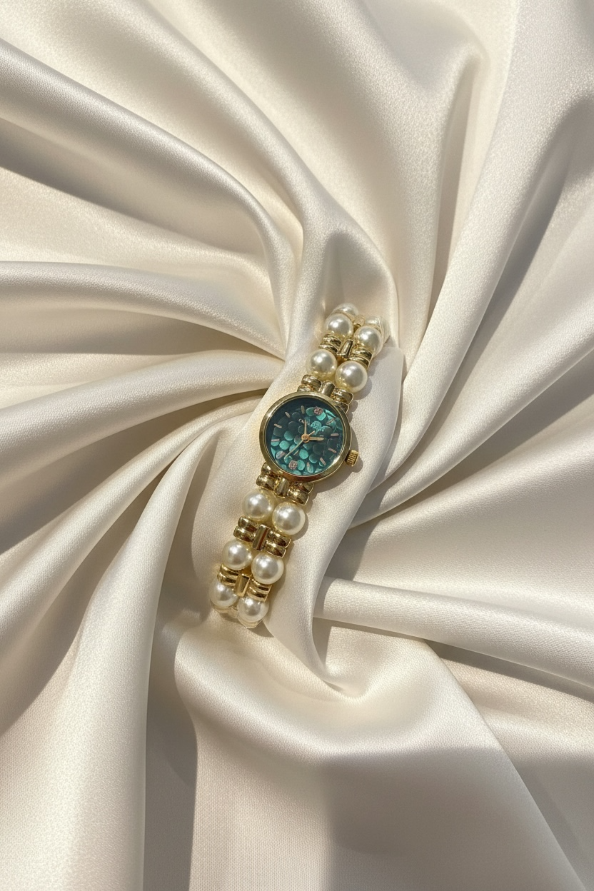 Royal Emerald Pearl Watch – Elegant Gold Watch for Women