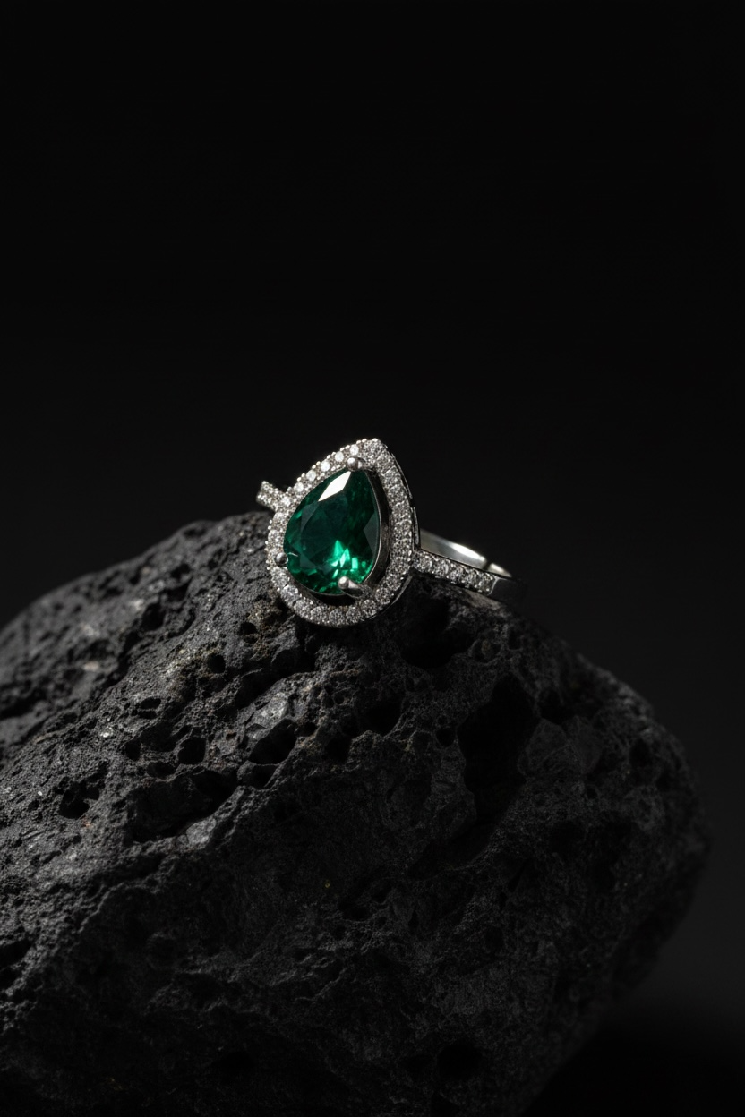 Royal Emerald Halo Ring – Elegant Gold Ring for Women