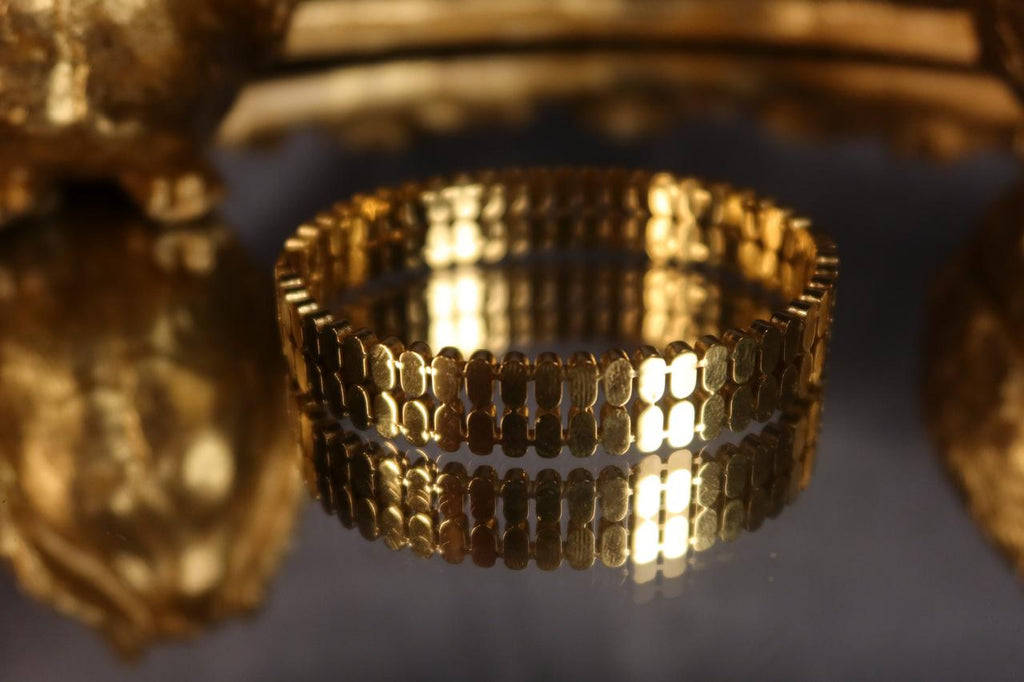 Golden Tile Chain Handcuff – Elegant Gold Statement Handcuff for Women
