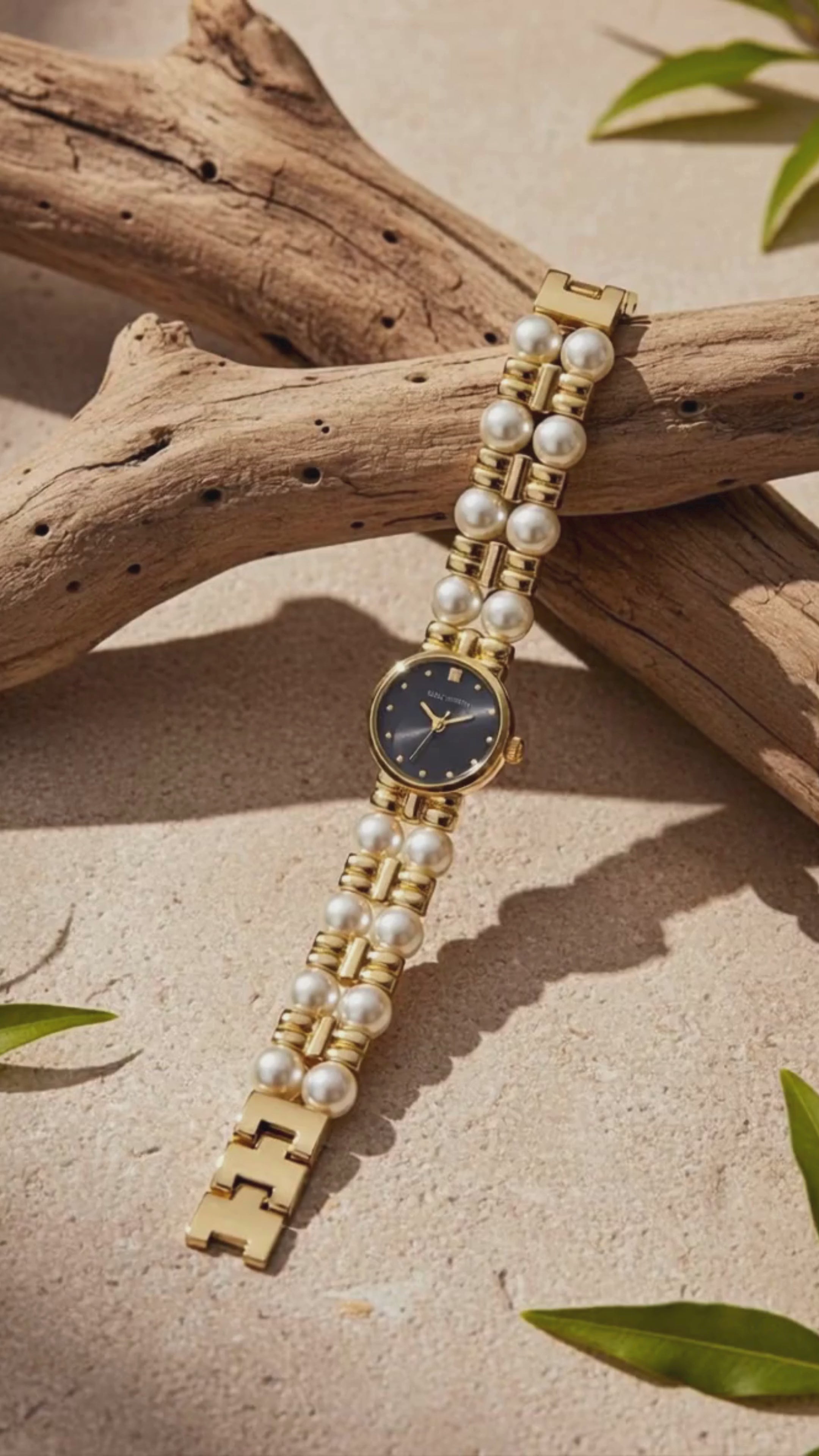 Midnight Pearl Watch – Elegant Black Gold Watch for Women